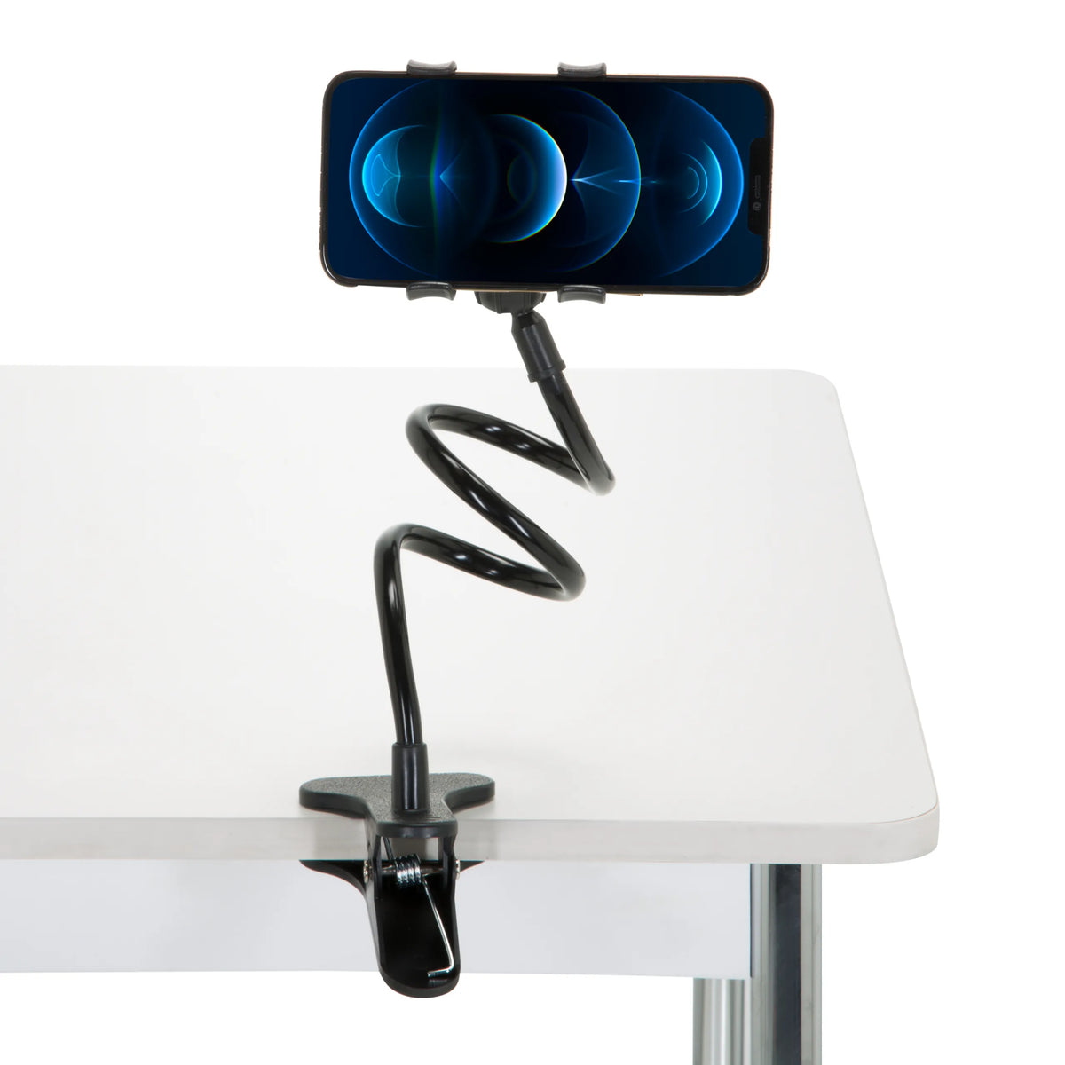 Zwarte houder voor mobiele telefoon & tablet FLEXMOBI met flexibele zwanenhals en tafelklem van hjh OFFICE – 360-gradenweergave (vooraanzicht 0°)