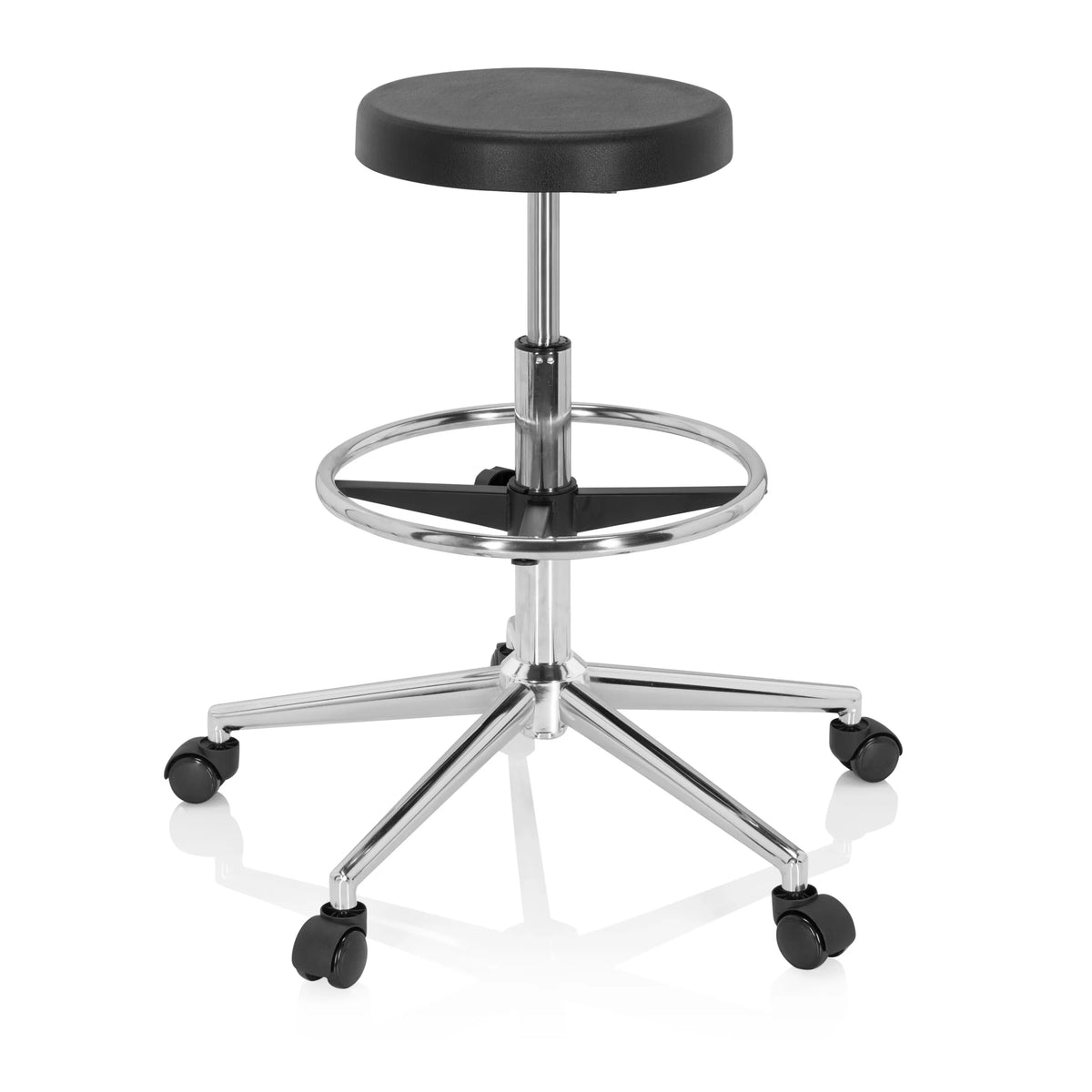Zwarte Draaikruk TOP WORK 14 I met voetring en vijfpoot met zwenkwielen van hjh OFFICE – 360-gradenweergave (schuin vooraanzicht 40°)