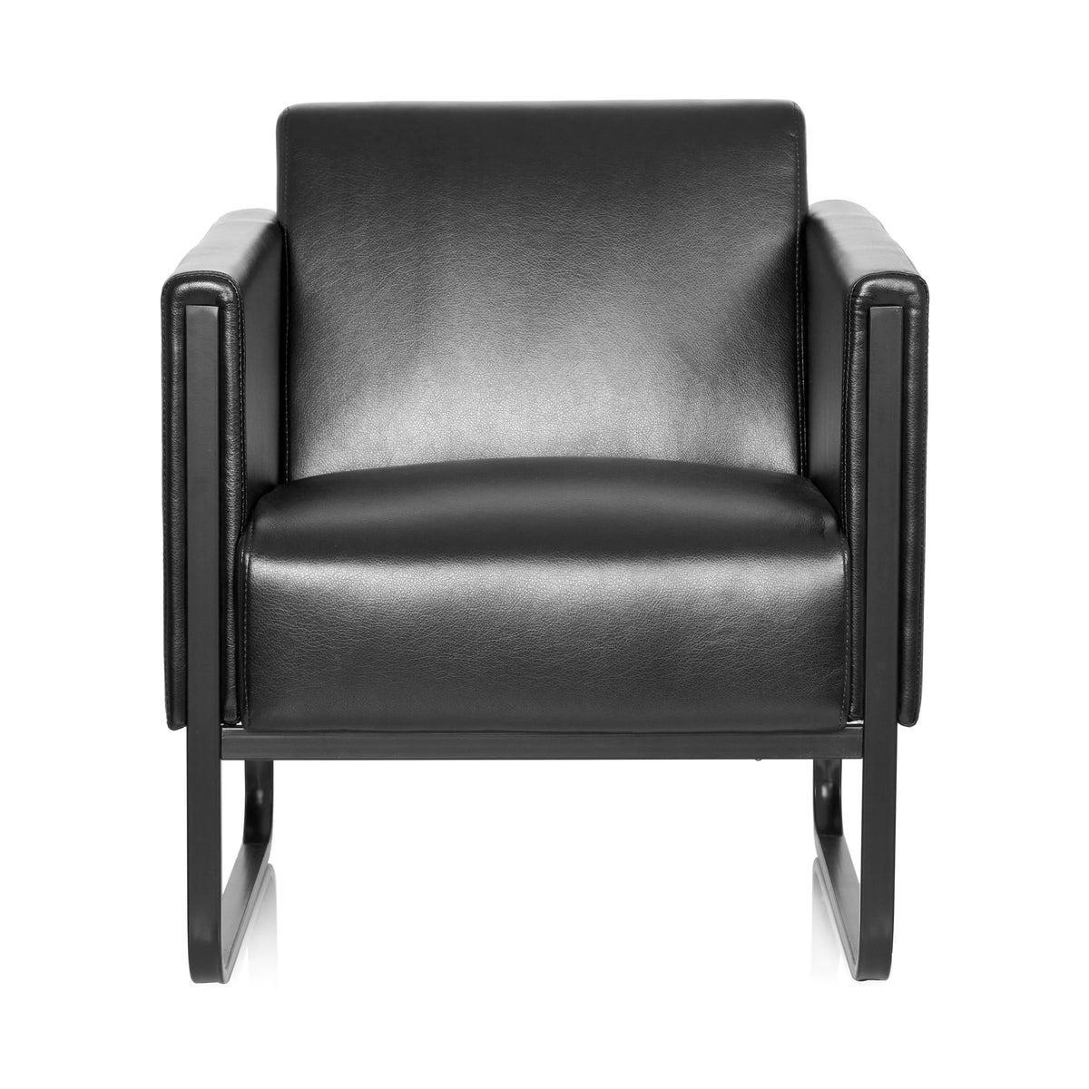 Zwarte gestoffeerde fauteuil BALI BLACK met armleuningen en een onderstel van hjh OFFICE – 360-gradenweergave (vooraanzicht 0°)