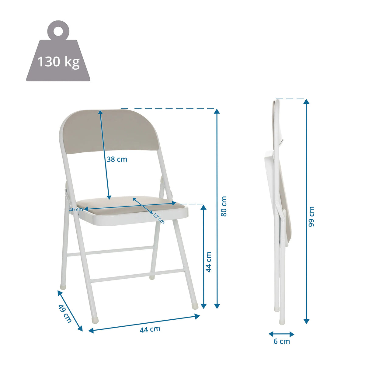 Maattekening van de Klapstoel TUDELA W met een totale hoogte van 99 cm en een belastbaarheid van 130 kg van hjh OFFICE