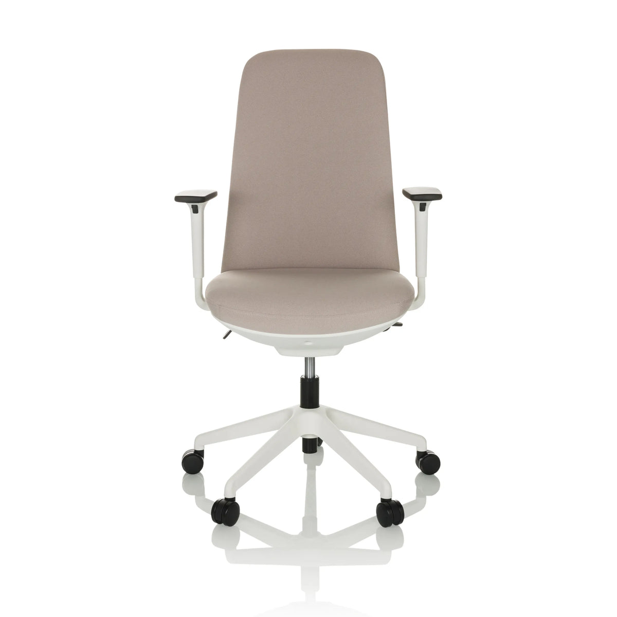 Beige Professionele bureaustoel NESTORA met armleuningen en wit vijfsterrenonderstel met zwenkwielen van hjh OFFICE – 360-gradenweergave (vooraanzicht 0°)