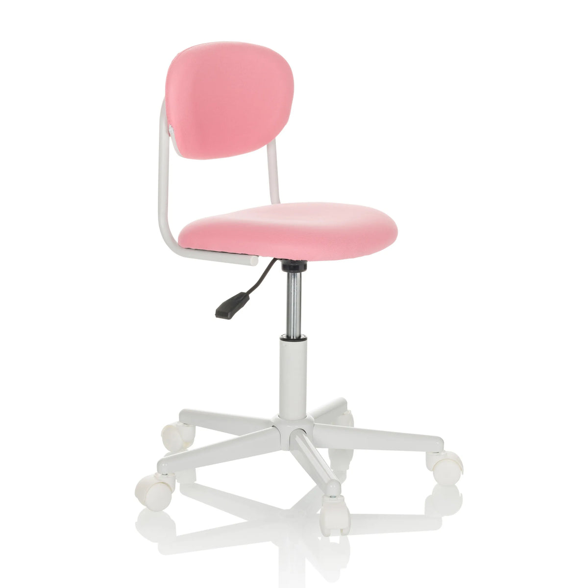 Roze Kinder bureaustoel KIDDY BASE I met voetkruis en vijf zwenkwielen van hjh OFFICE – 360-gradenweergave (schuin vooraanzicht 45°)