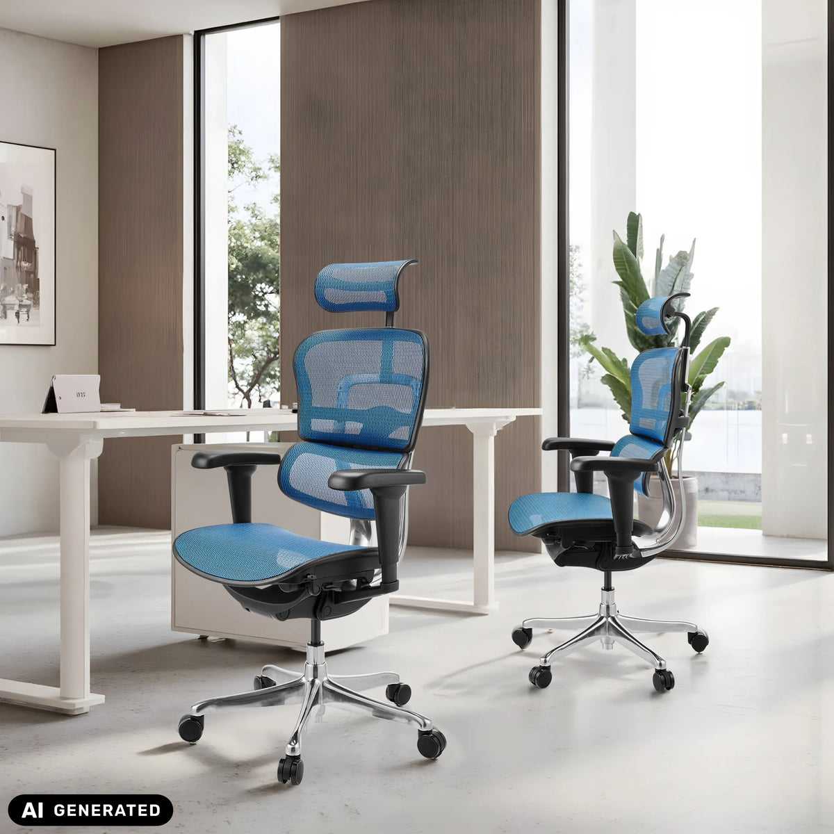 Twee blauwe luxe directiestoelen ERGOHUMAN ULTRA GEN2 met netbespanning in een kantoor van hjh OFFICE (AI-gegenereerde afbeelding)