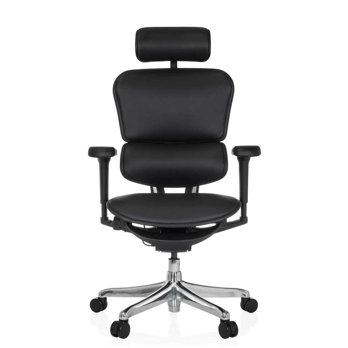 Zwarte Luxe directiestoel ERGOHUMAN ULTRA L GEN2 van leer met hoofdsteun en vijfster-onderstel van hjh OFFICE – 360-gradenweergave (vooraanzicht 0°)