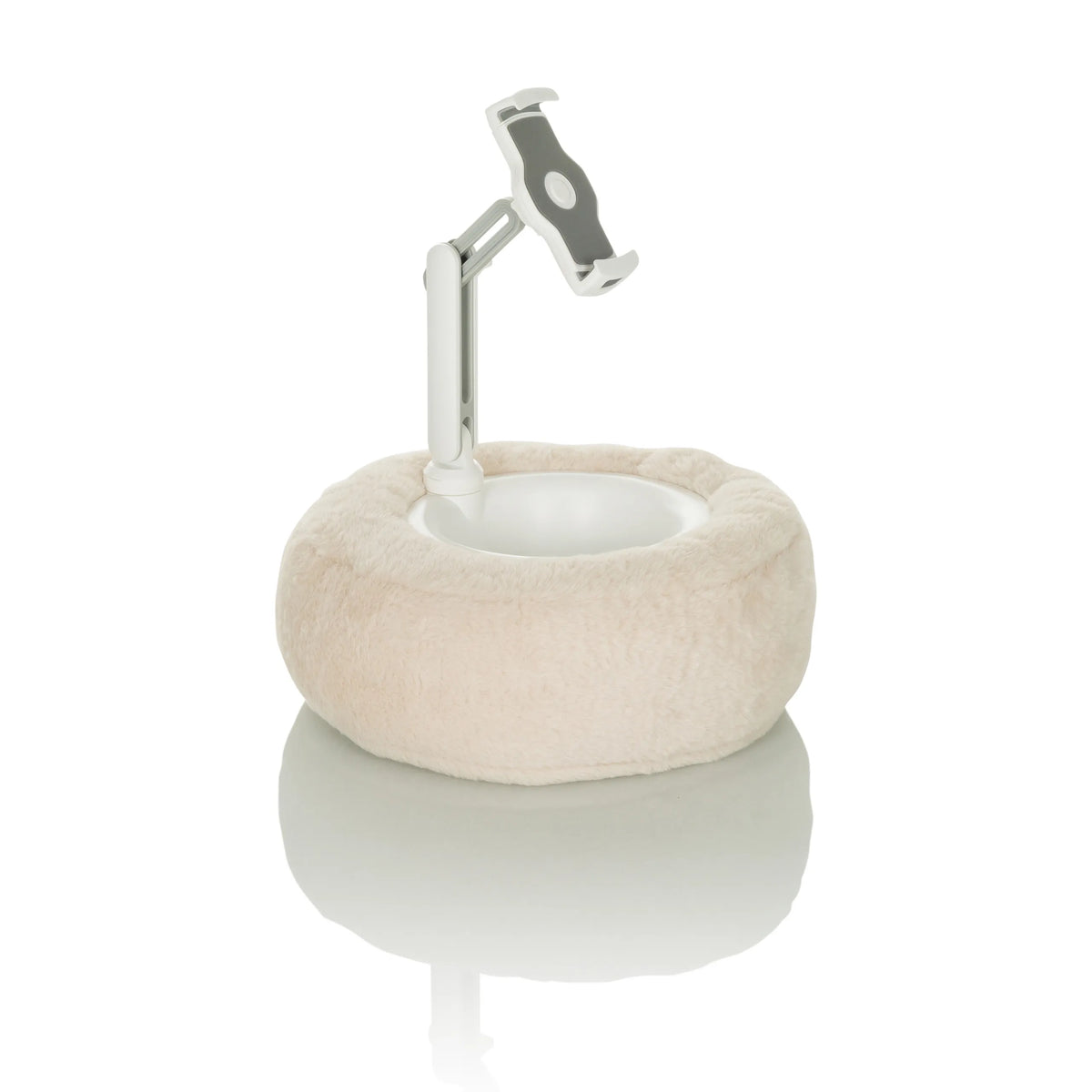 Beige houder voor mobiele telefoon & tablet COMFILAP II met pluche ringkussen van hjh OFFICE – 360-gradenweergave (schuin achteraanzicht 144°)