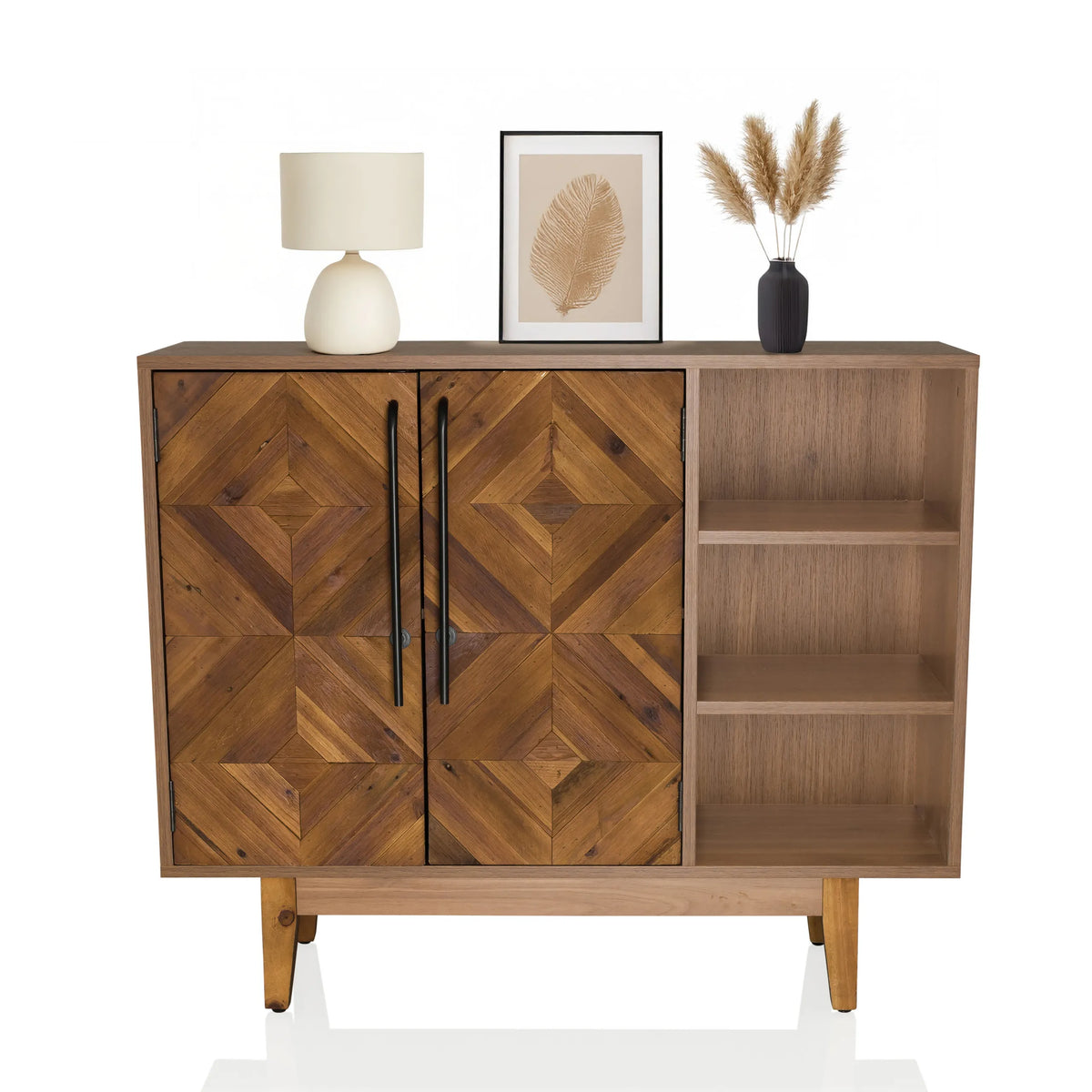 Commode SANTJAGO WOOD L in donkere houtoptiek met twee deuren, zwarte grepen en open plank van hjh LIVING