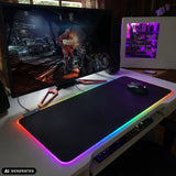 Padflux Game bureau onderlegger in zwart met regenboogkleurige RGB-verlichting aan de rand van hjh OFFICE (AI-gegenereerde afbeelding)