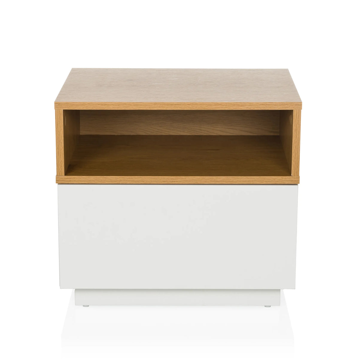 Witte bijzettafel MELMO met een plank in eikenlook van hjh LIVING – 360-gradenweergave (vooraanzicht 0°)