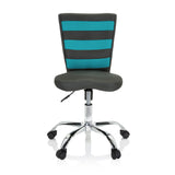 Grijze KIDDY COMFORT I kinder bureaustoel met turquoise strepen in de netrugleuning en een vijfsterrenvoet met wieltjes van hjh OFFICE – 360-gradenweergave (vooraanzicht 0°)