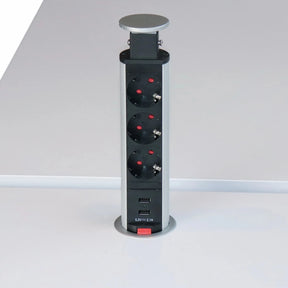 Accessoires ELDO601 als zilveren stopcontactentoren van aluminium met drie stopcontacten en twee USB-poorten van hjh OFFICE PRO