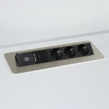 Accessoires ELDUSB0 als zilverkleurige aluminium stekkerdoos met drie stopcontacten en twee USB-poorten van hjh OFFICE PRO