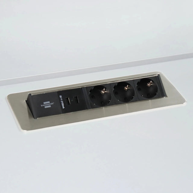Accessoires ELDUSB0 als zilverkleurige aluminium stekkerdoos met drie stopcontacten en twee USB-poorten van hjh OFFICE PRO