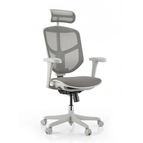 Kantoorstoel Enjoy Eco FG in grijs met mesh-bekleding, hoofdsteun en armleuningen van hjh OFFICE