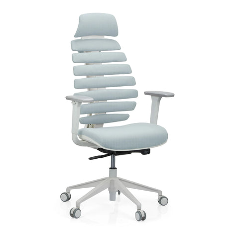 Professionele bureaustoel ERGO LINE W met grijze stoffen bekleding, gesegmenteerde rugleuning en wit frame van hjh OFFICE