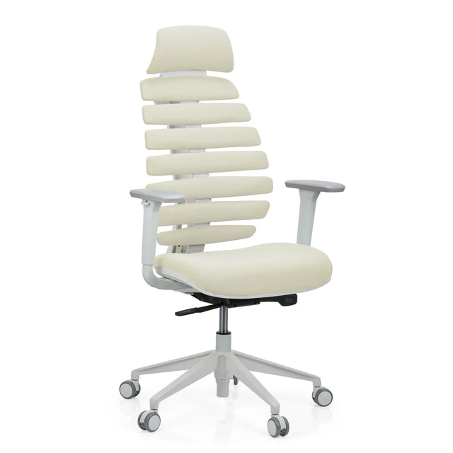 Professionele bureaustoel ERGO LINE W in Salted Caramel met beige stoffen bekleding en wit frame van hjh OFFICE