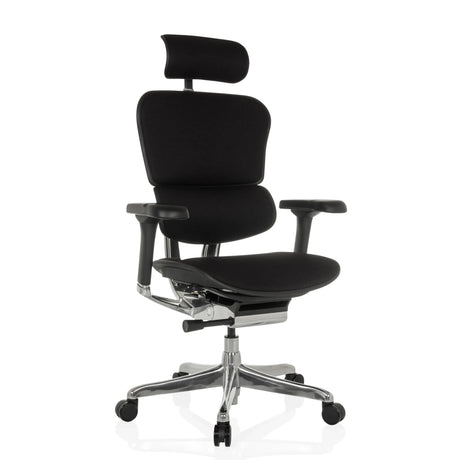 Luxe directiestoel ERGOHUMAN GEN2 met zwarte stoffen bekleding, hoofdsteun en gepolijst metalen frame van hjh OFFICE