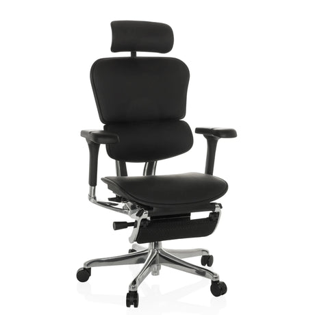 Luxe directiestoel ERGOHUMAN PLUS LEGPRO GEN2 van zwart leder met hoofdsteun en voetsteun van hjh OFFICE
