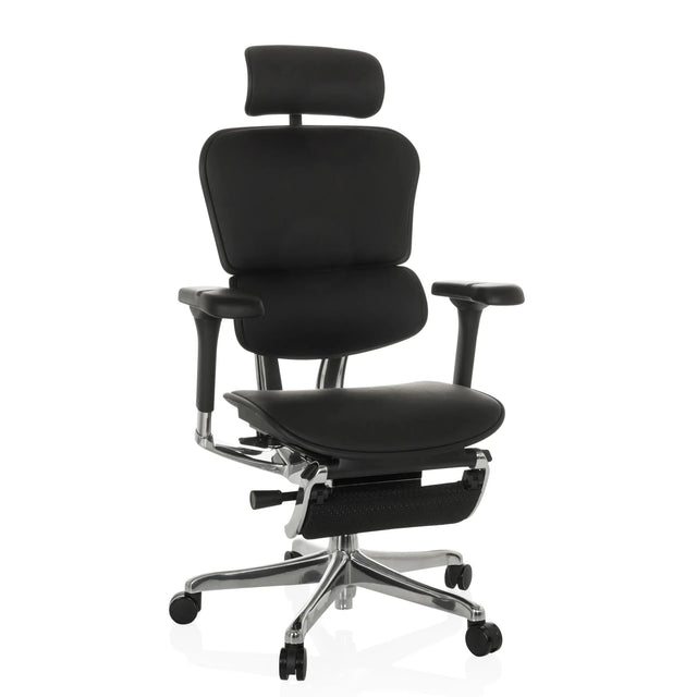 Luxe directiestoel ERGOHUMAN PLUS LEGPRO GEN2 van zwart leder met hoofdsteun en voetsteun van hjh OFFICE