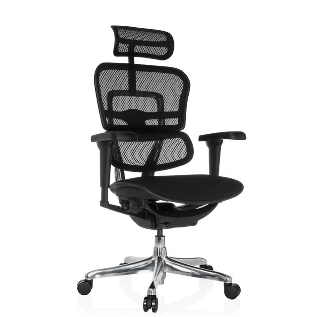Luxe directiestoel ERGOHUMAN ULTRA F GEN2 met zwarte netbekleding, hoofdsteun en glanzend kruisvoet van hjh OFFICE