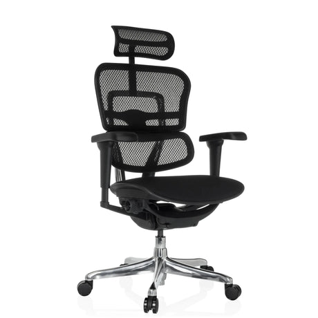 Luxe directiestoel ERGOHUMAN ULTRA F GEN2 met zwarte netbekleding, hoofdsteun en glanzend kruisvoet van hjh OFFICE