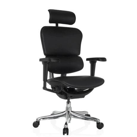 Luxe directiestoel ERGOHUMAN ULTRA L GEN2 met zwarte lederen bekleding, hoofdsteun en gepolijst onderstel van hjh OFFICE