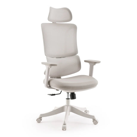 Thuisgebruik bureaustoel Ergomy Colore in beige met netbespanning en hoofdsteun van MyBuero