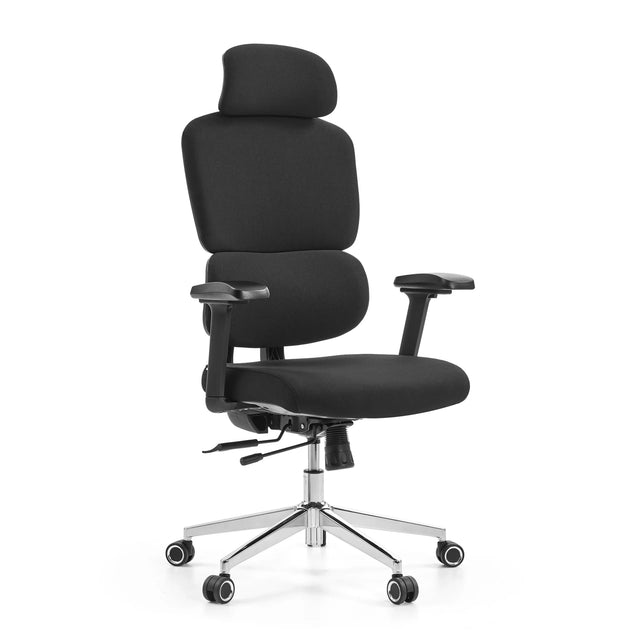 Professionele bureaustoel Ergomy F 2 met zwarte stoffen bekleding en verchroomd onderstel van hjh OFFICE