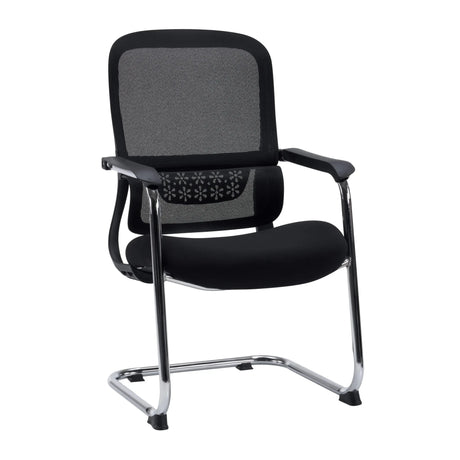 Zwarte Vergaderstoel Ergomy Meet met netrugleuning en verchroomd sledframe van hjh OFFICE