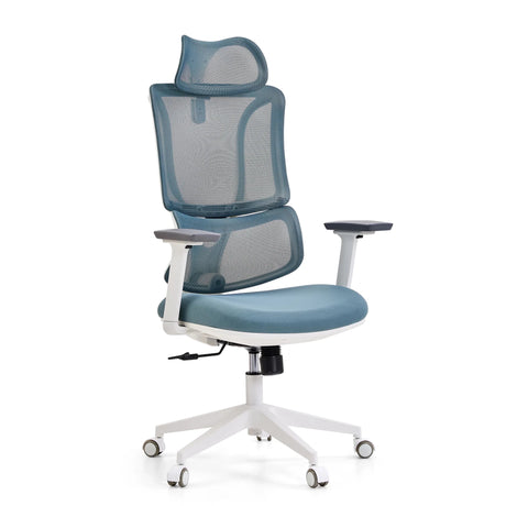Professionele bureaustoel ERGOMY W met blauwe netbekleding, wit frame en hoofdsteun van MyBuero