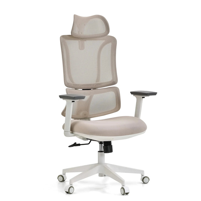 Professionele bureaustoel ERGOMY W in beige met beige netbespanning en wit frame van MyBuero