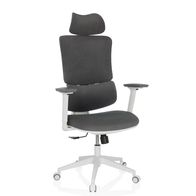 Thuisgebruik bureaustoel ERGOMY WF met grijze stofbekleding en wit frame van MyBuero