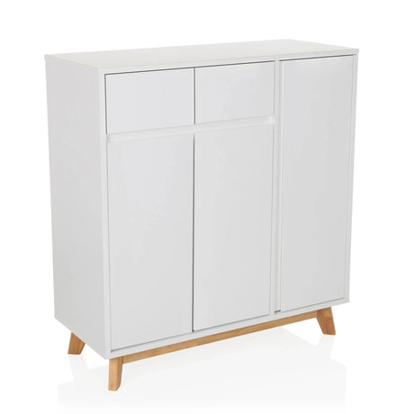 Witte Commode ESTHA met twee lades, drie deuren en lichte houten poten van hjh LIVING