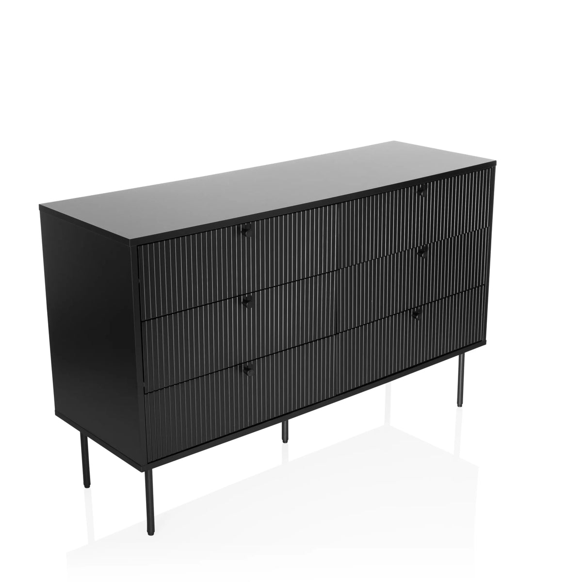 Zwart dressoir KARBY S met verticaal gegroefde fronten en zes knopgrepen van hjh LIVING – 360-gradenweergave (schuin vooraanzicht 30°)
