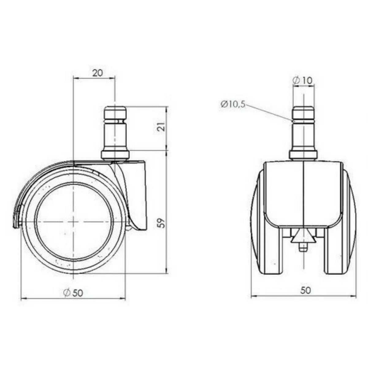 Technische tekening van de Bureaustoelwielen 5x ROLO LUX 10mm/50mm met een diameter van 50 mm van hjh OFFICE