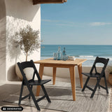 Twee zwarte TRAVANO 1 outdoor stoelen aan een houten tafel op een terras van hjh LIVING (AI-gegenereerde afbeelding)
