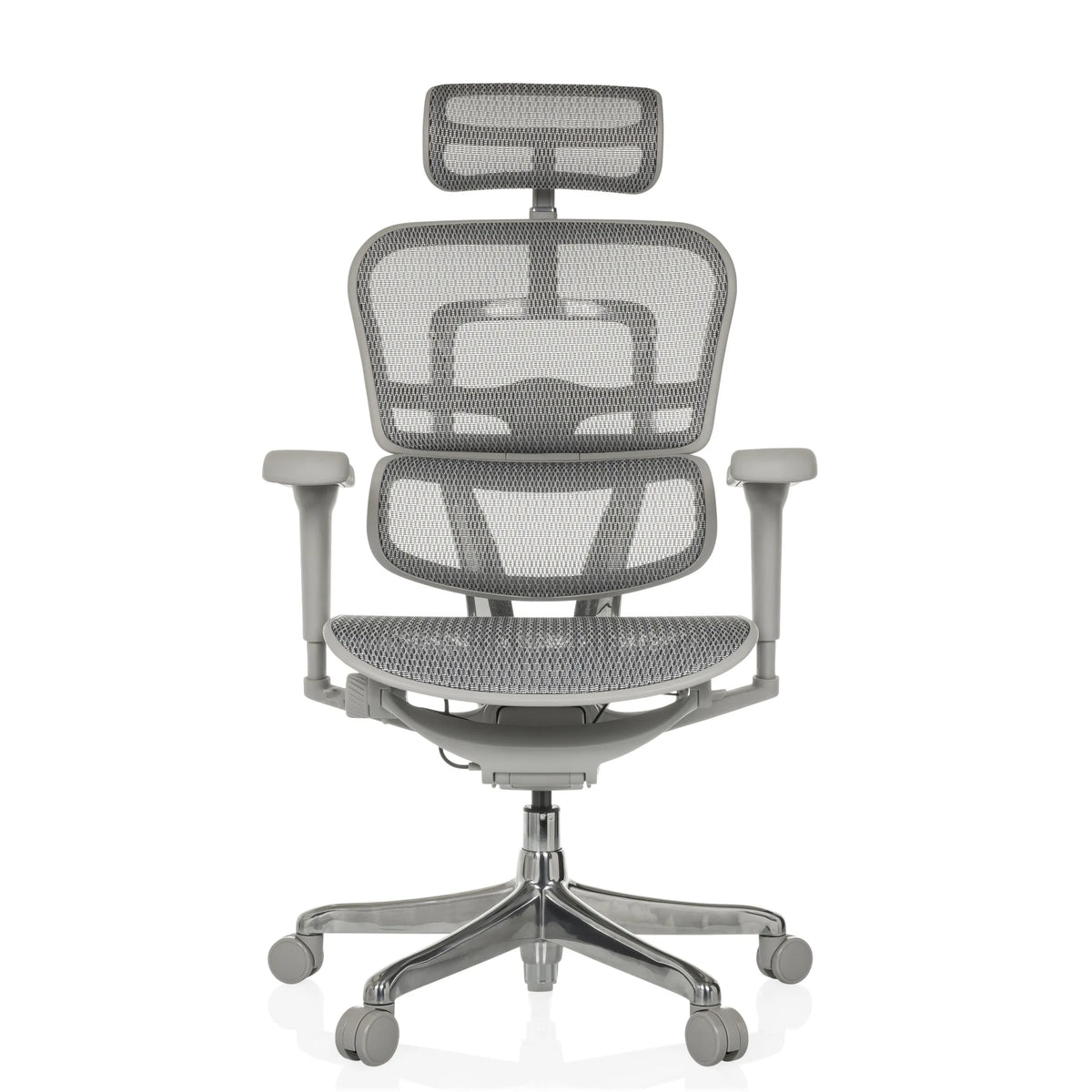 Grijze Luxe directiestoel ERGOHUMAN ULTRA G GEN2 met netbespanning en vijfsterrenvoet met wieltjes van hjh OFFICE – 360-gradenweergave (vooraanzicht 0°)