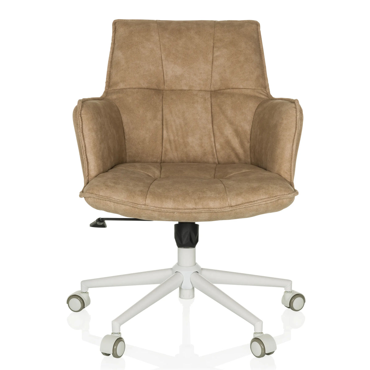 Beige SOLAO LIFE W thuisgebruik bureaustoel met gewatteerde zitting en wit vijfsterrenvoet met wieltjes van hjh LIVING – 360-gradenweergave (vooraanzicht 0°)