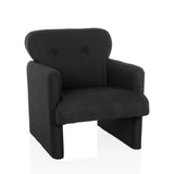 Zwarte lounge stoel CARIPITO met stoffen bekleding en twee knopen op de rugleuning van hjh LIVING – 360-gradenweergave (vooraanzicht 15°)