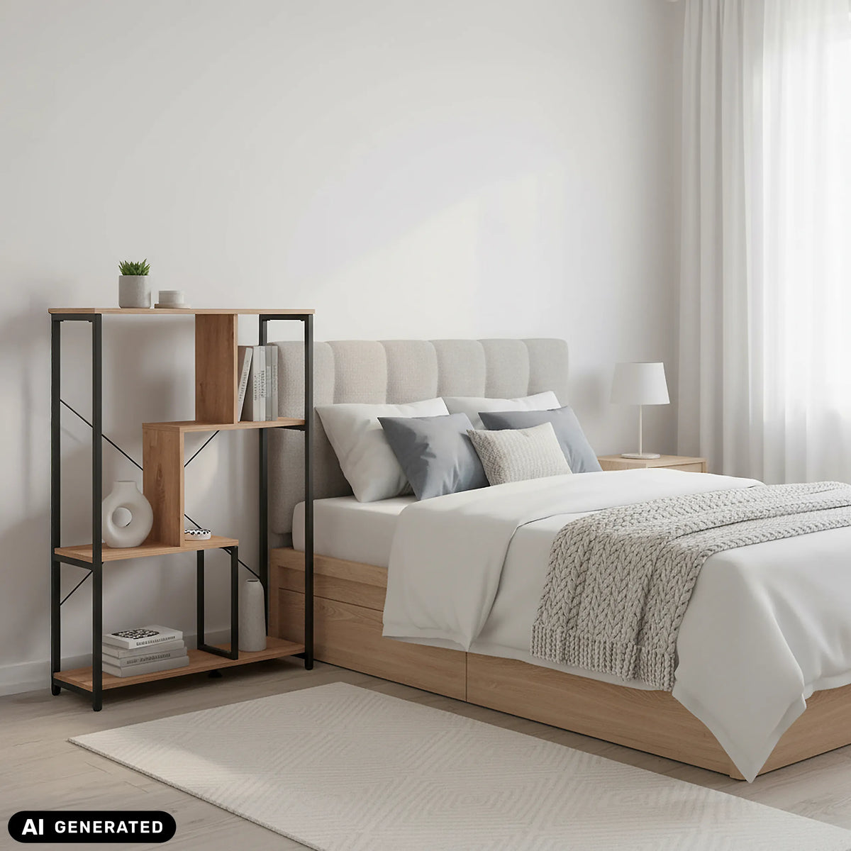 Regal Kalag Eco in Schwarz und Eiche neben einem Bett von hjh LIVING (KI-generiertes Bild)