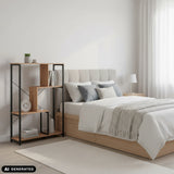 Regal Kalag Eco in Schwarz und Eiche neben einem Bett von hjh LIVING (KI-generiertes Bild)