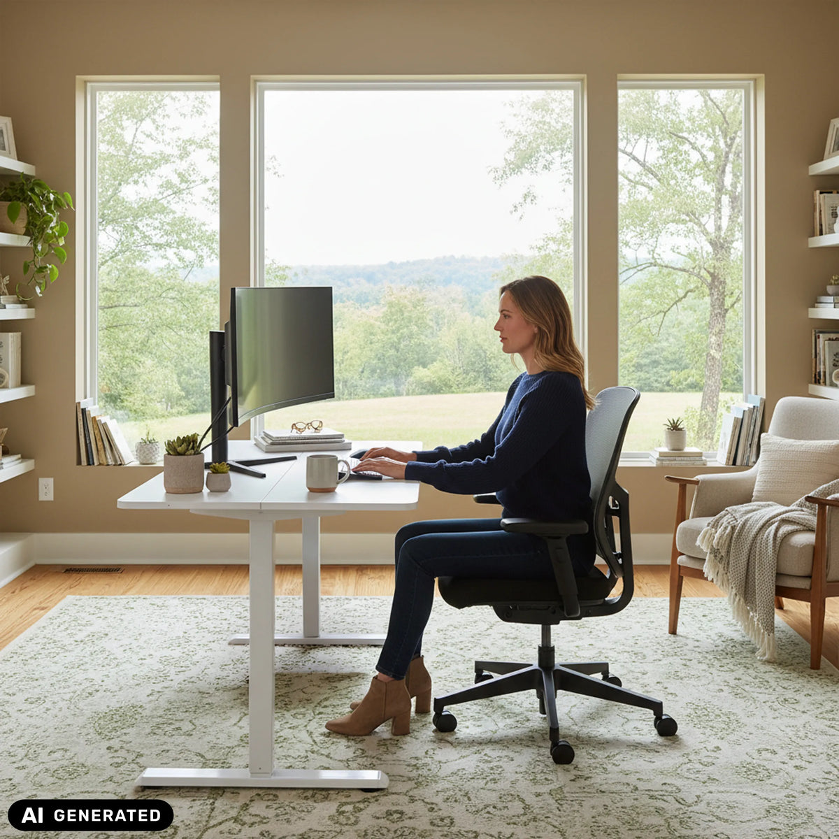Elektrisch in hoogte verstelbaar bureau Worktime in het wit van hjh OFFICE (AI-gegenereerde afbeelding)