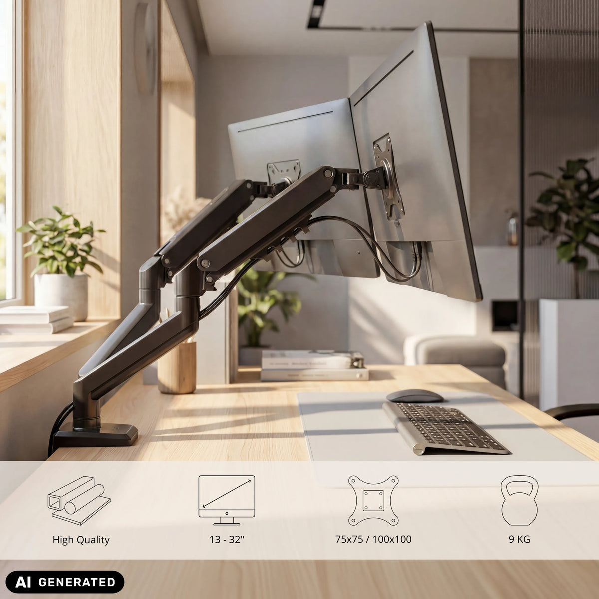Ergomount GF2 monitorsteun in zwart voor schermen tot 32 inch en 9 kg van hjh OFFICE (AI-gegenereerde afbeelding)
