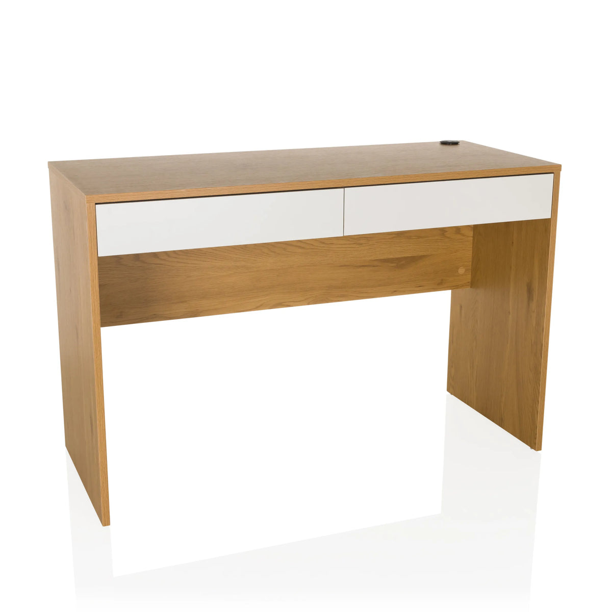 Bureau BERGA in eiken en wit met twee laden en kabeldoorvoer van hjh LIVING – 360-gradenweergave (vooraanzicht 15°)