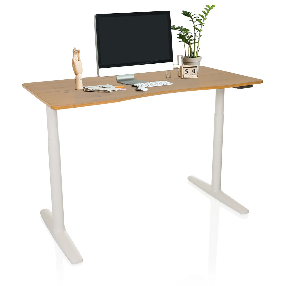Elektrisch in hoogte verstelbaar bureau STAND PRO R in eiken met witte poten van hjh OFFICE