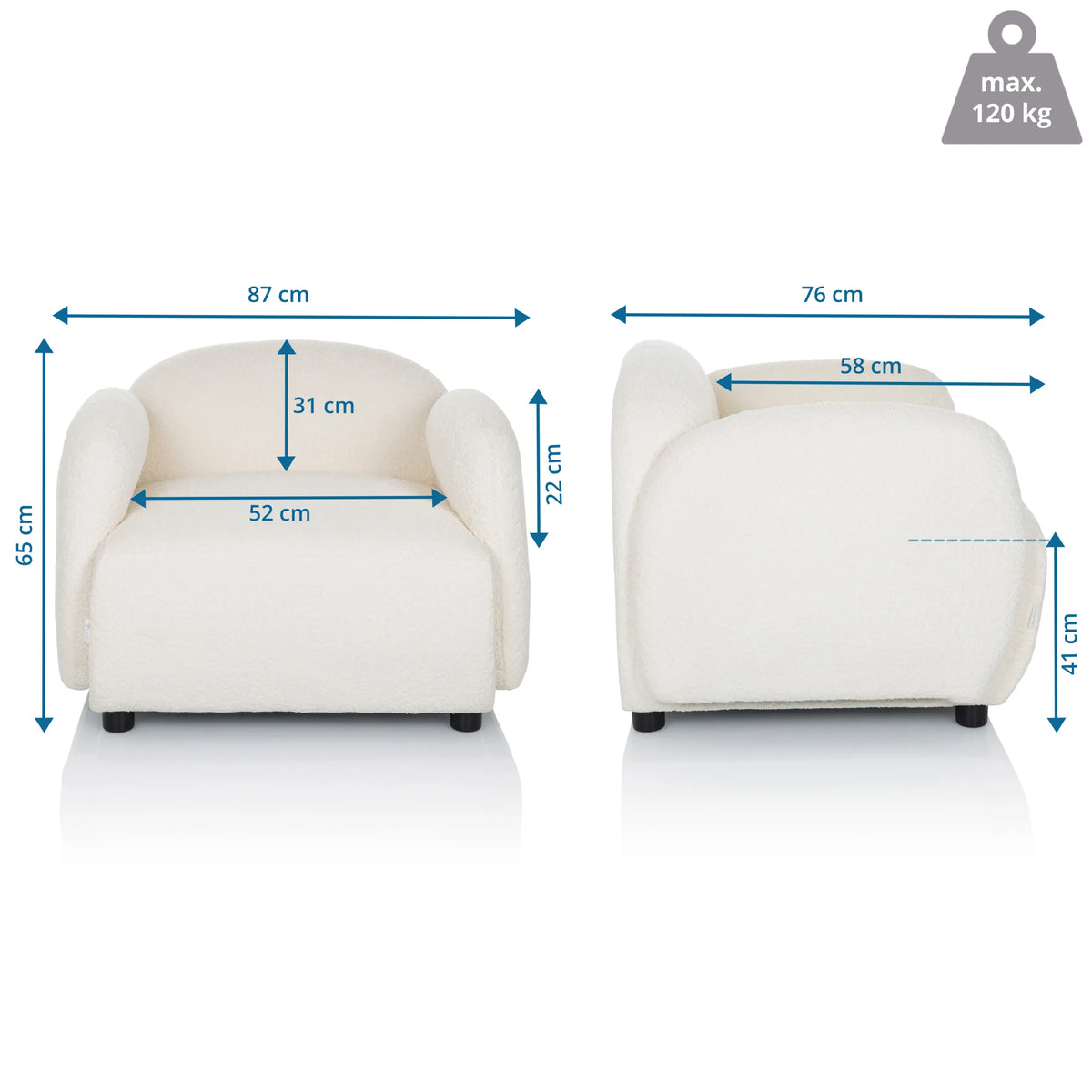Maattekening van de Lounge stoel VERDUNA met een breedte van 87 cm en een hoogte van 65 cm van hjh LIVING