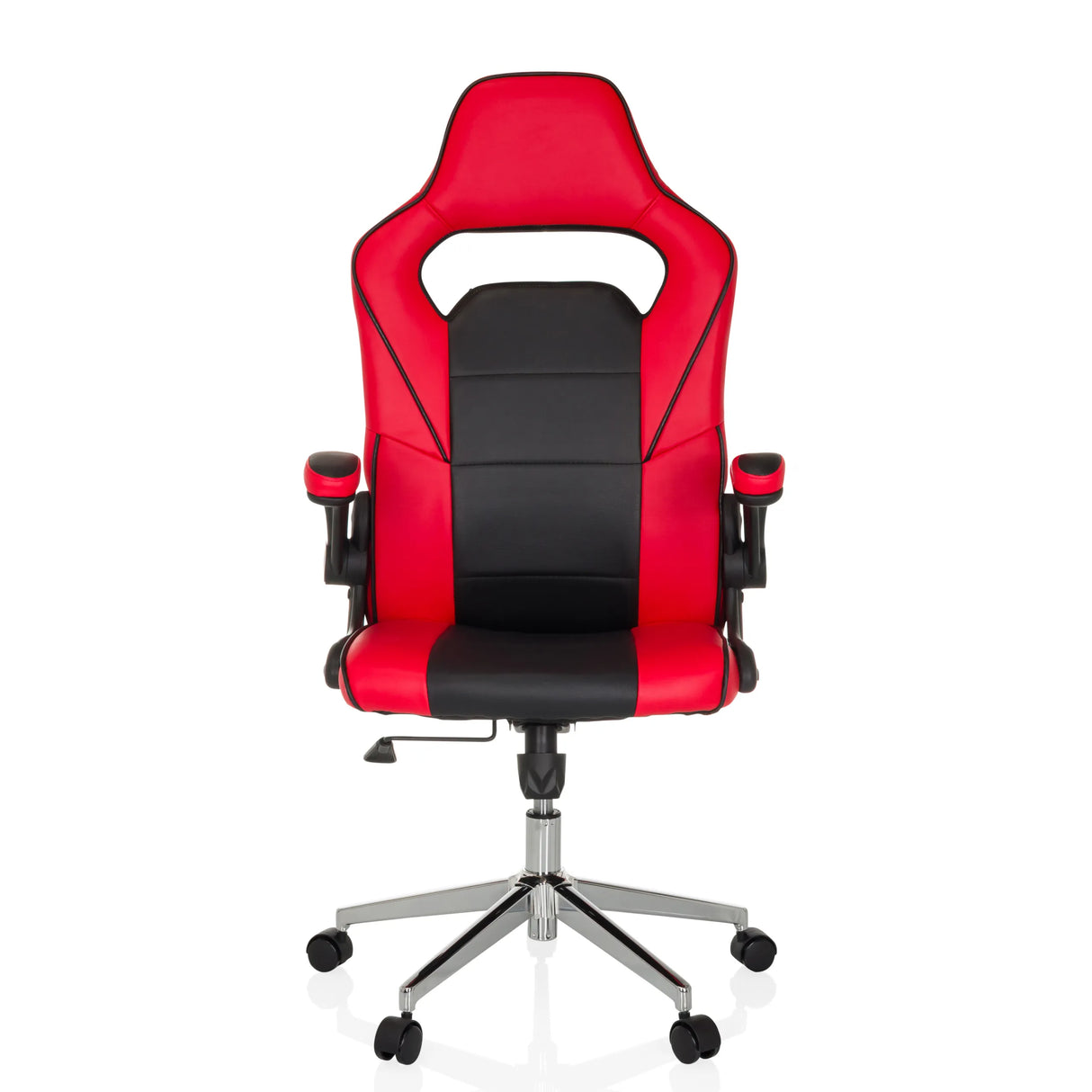 Rood-zwarte Gamestoel GAME SPORT PRO met armleuningen en vijfster-onderstel met wieltjes van MyBuero – 360-gradenweergave (vooraanzicht 0°)