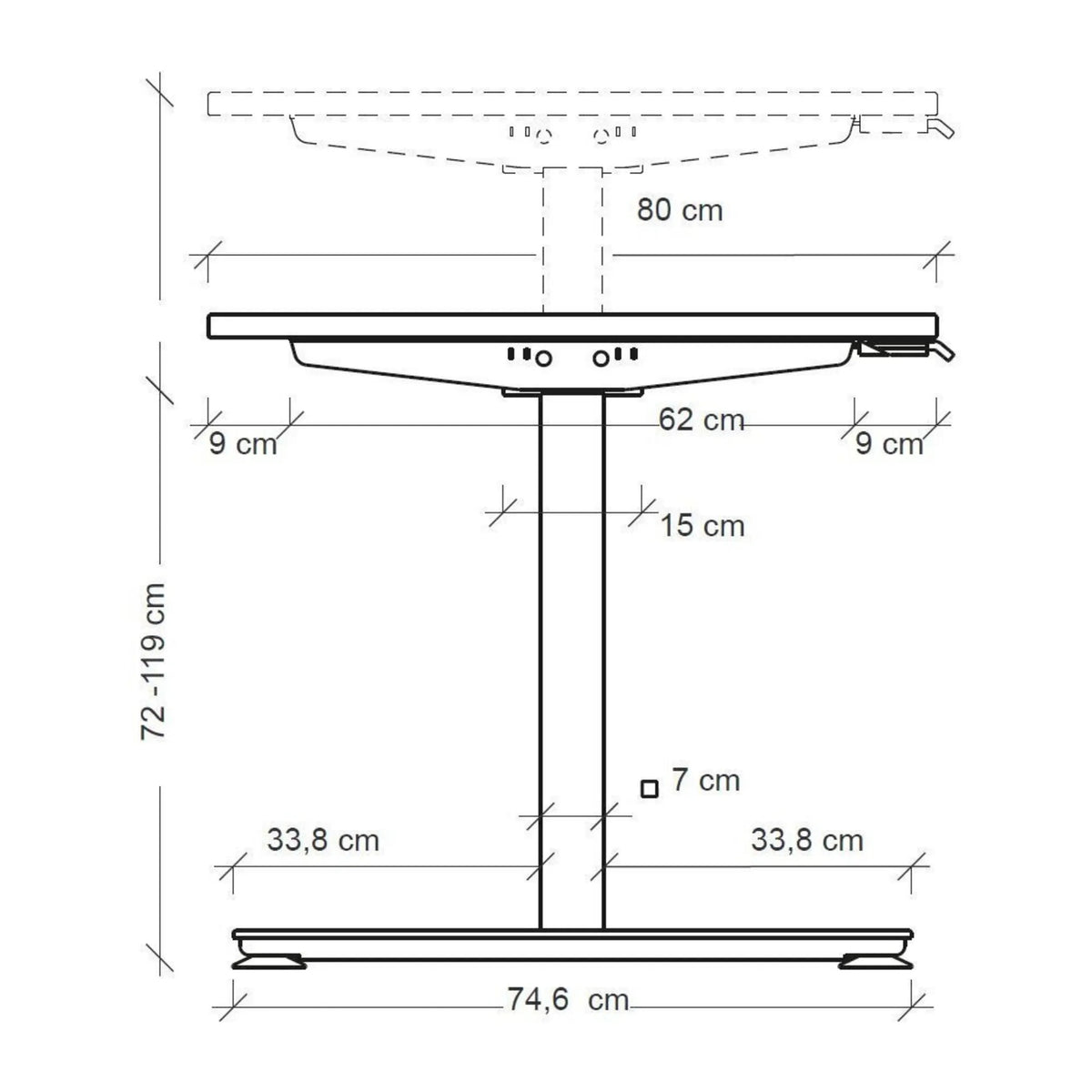 Maßzeichnung des Schreibtischs XMST 22 S mit einer Höhe von 72-119 cm und Fußbreite von 74,6 cm von hjh OFFICE PRO