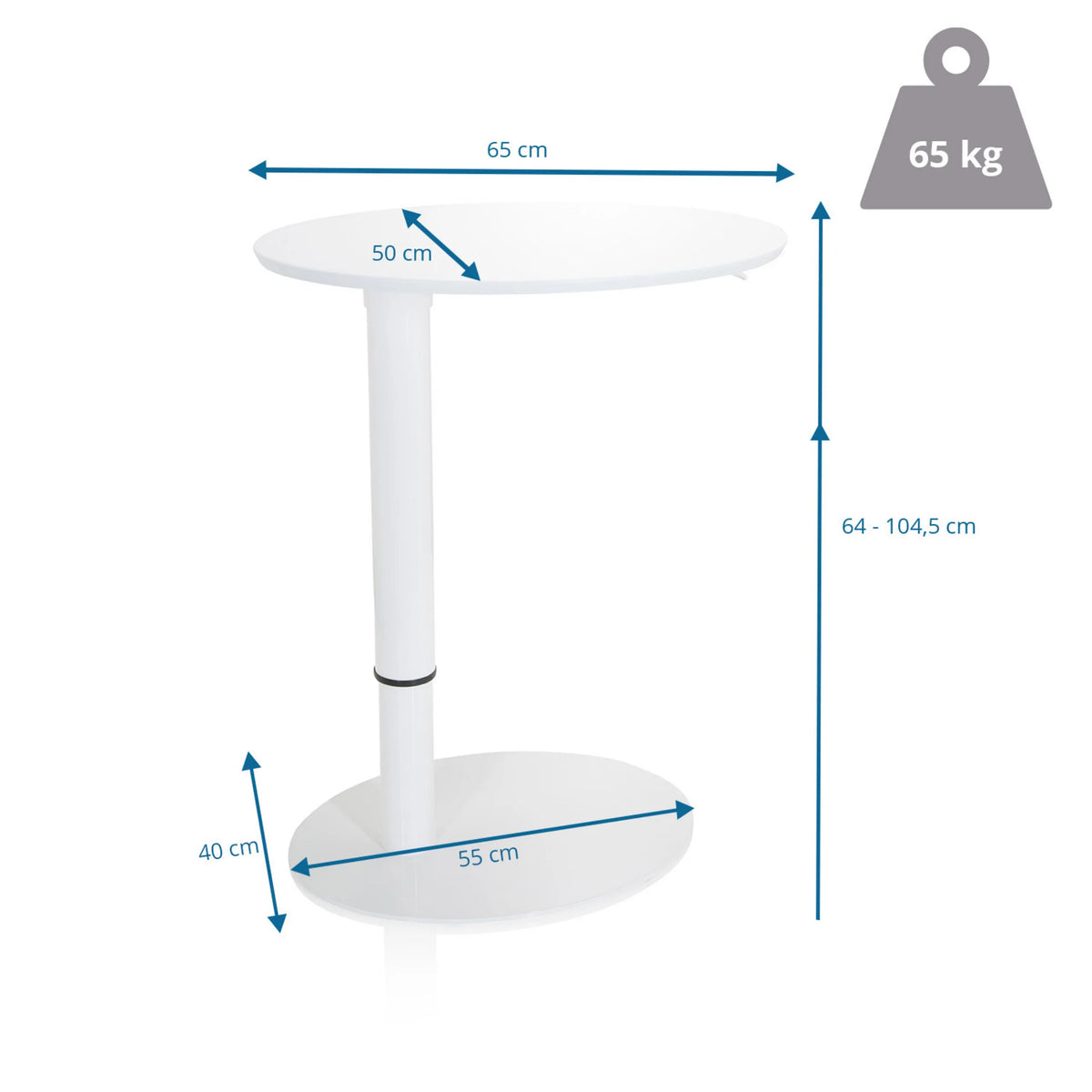 Maattekening van het Zit- Sta bureau STAND III met een hoogte van 64 tot 104,5 cm van hjh OFFICE