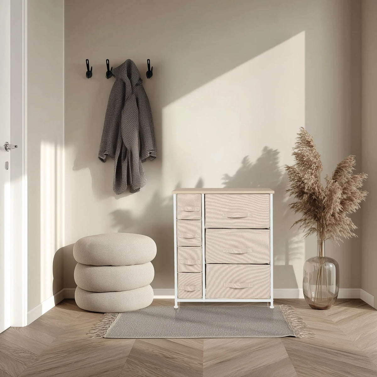Commode FOLDRESS B in beige met meerdere stoffen laden en een wit frame van hjh LIVING