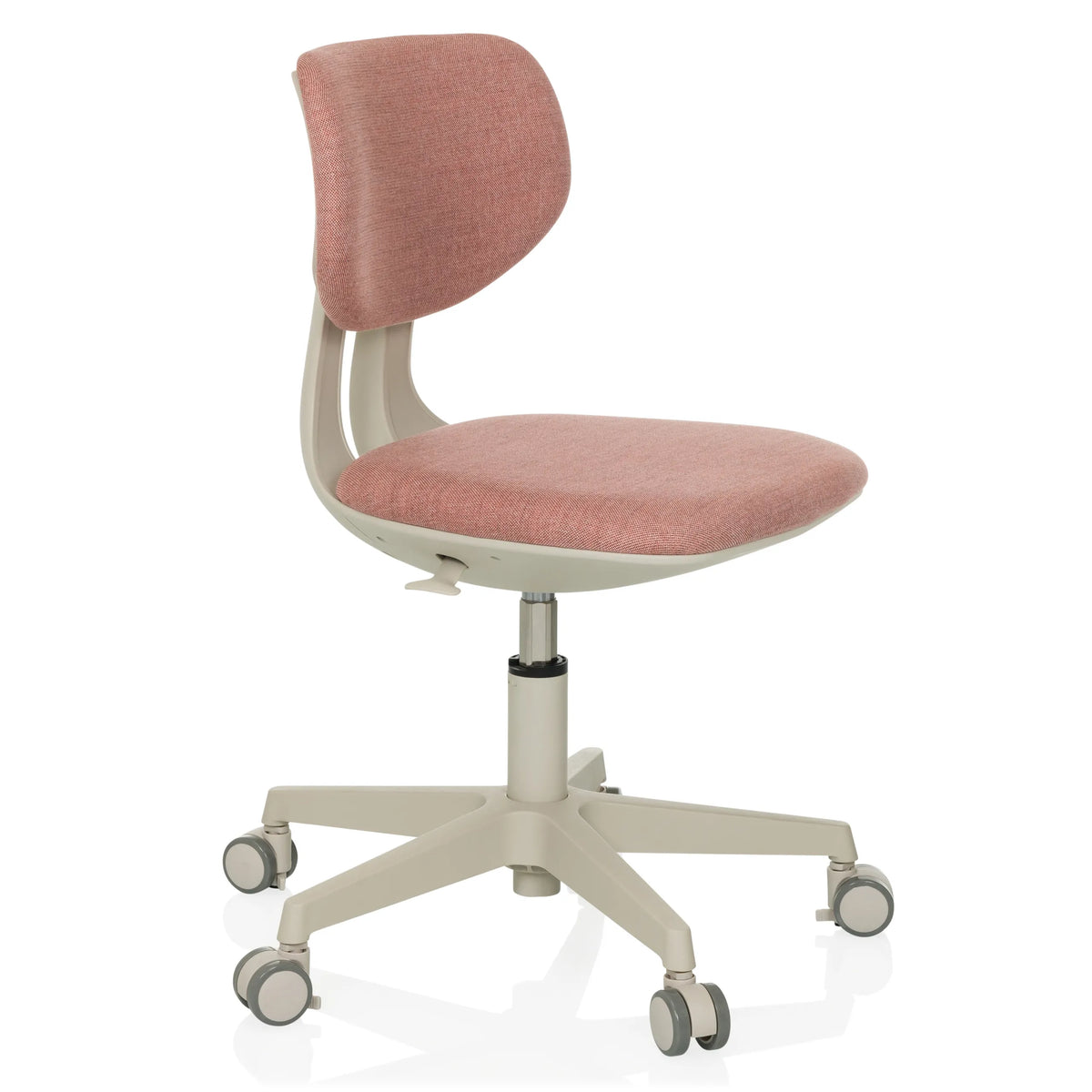 Roze Kinder bureaustoel KIDDY CLASSIC met gewatteerde zitting en vijfpotig kruis met wielen van hjh OFFICE – 360-gradenweergave (schuin vooraanzicht 60°)